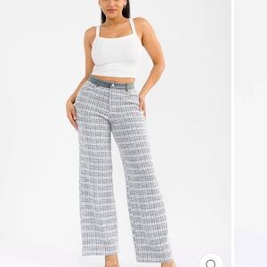 0310. UTTON CLOSURE POCKETS DENIM TWEED CONTRAST WIDE LEG PANTS